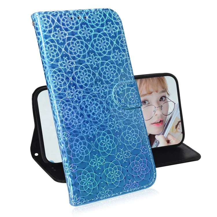 Blume Muster Leder Stehen Geldbörse Hülle für Samsung Galaxy A21s - Blau