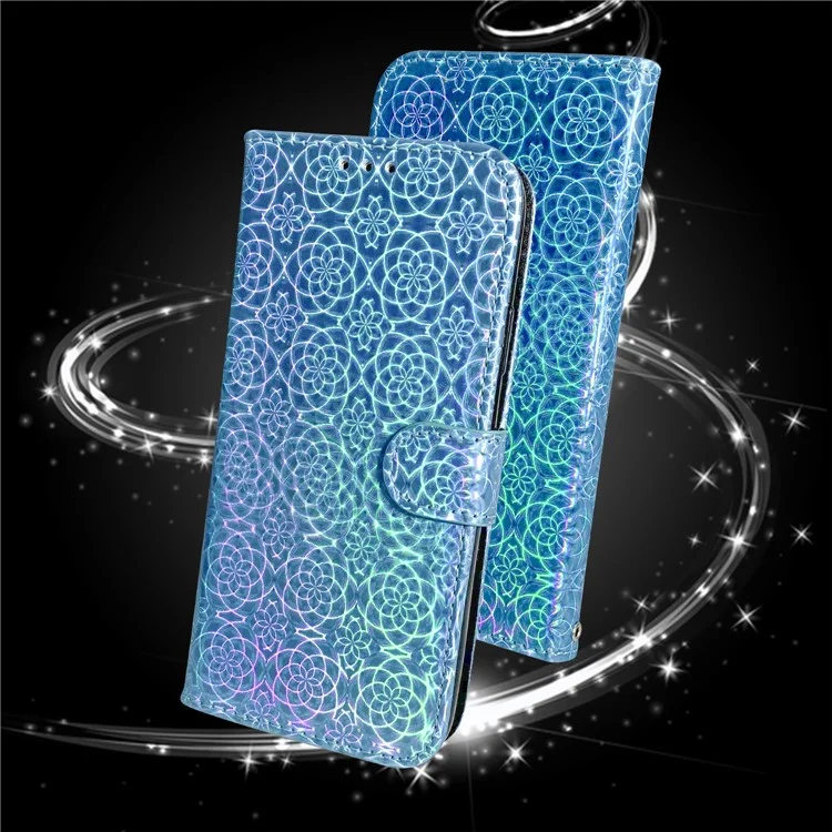 Blume Muster Leder Stehen Geldbörse Hülle für Samsung Galaxy A21s - Blau