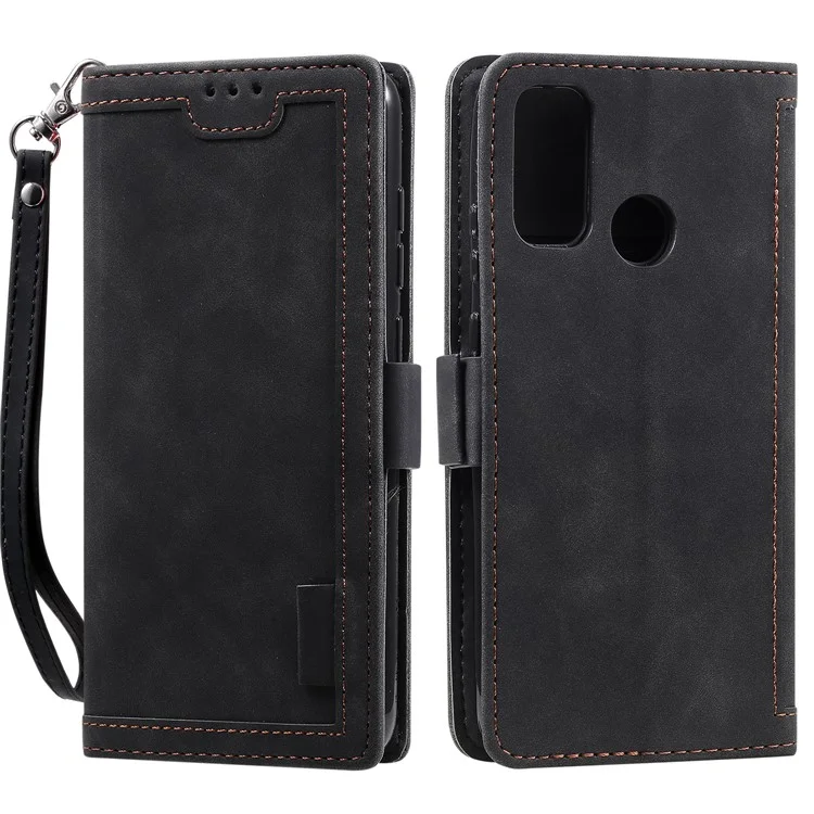 Vintage Splicing Style Cover Stand Leather Flip Shell per Samsung Galaxy A21s - Nero