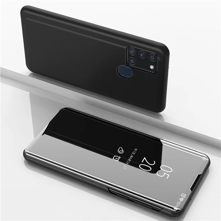 Vue de Fenêtre Miroir de Surface Couvercle de Téléphone en Cuir Pour Samsung Galaxy A21s - le Noir