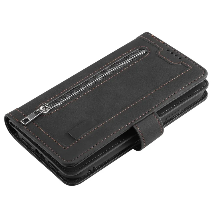 Zipper Pocket 9 Tarjeta Slots Cartera De Cuero Funda Para Samsung Galaxy A20E - Negro