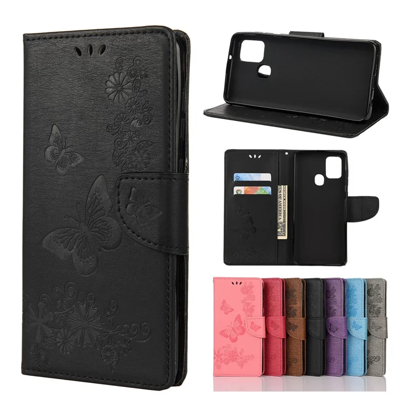 Imprint Flower Butterfly Leather Wallet Case for Samsung Galaxy A21s - Black