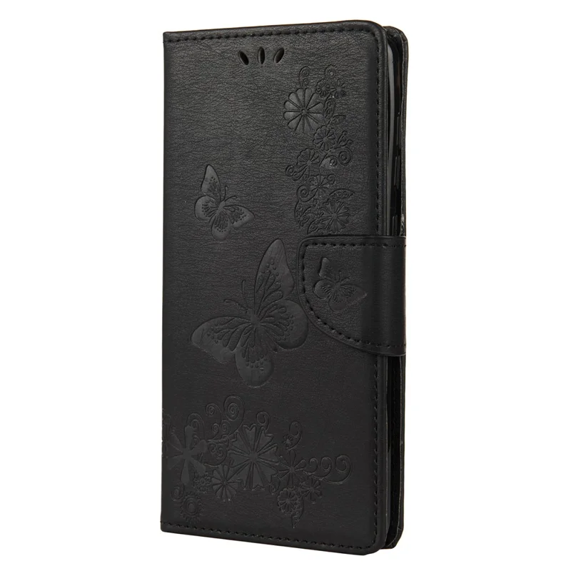 Imprint Flower Butterfly Leather Wallet Case for Samsung Galaxy A21s - Black