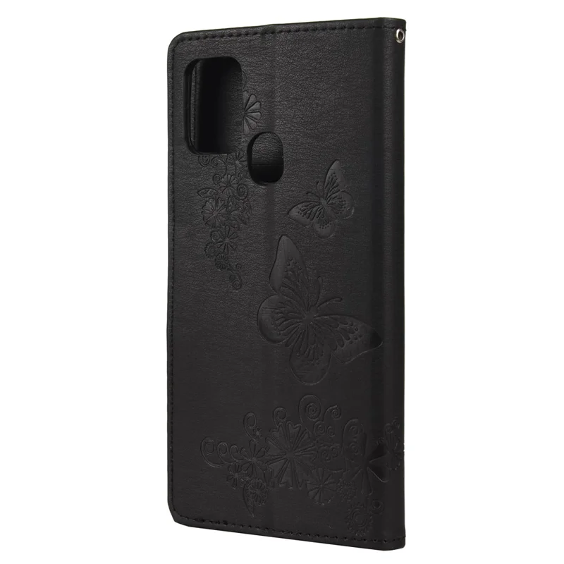 Imprint Flower Butterfly Leather Wallet Case for Samsung Galaxy A21s - Black