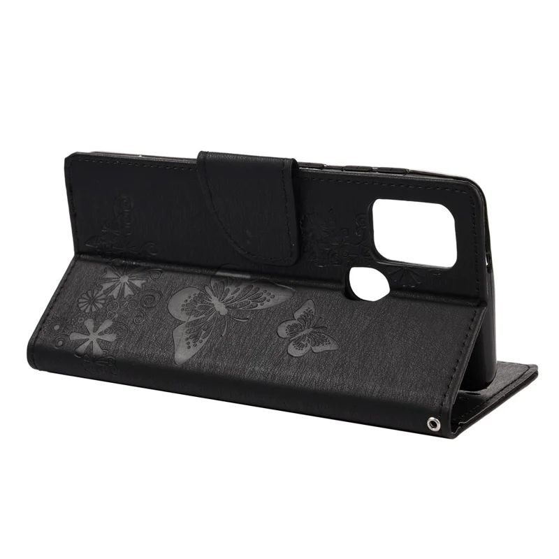 Imprint Flower Butterfly Leather Wallet Case for Samsung Galaxy A21s - Black