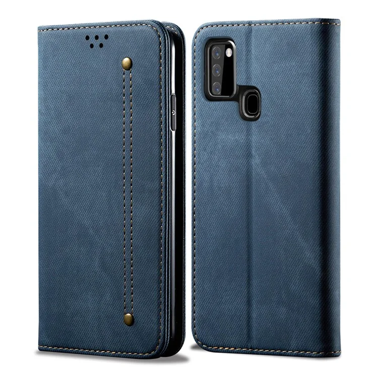 Retro Style Jeans Cloth Leather Shell for Samsung Galaxy A21s - Blue