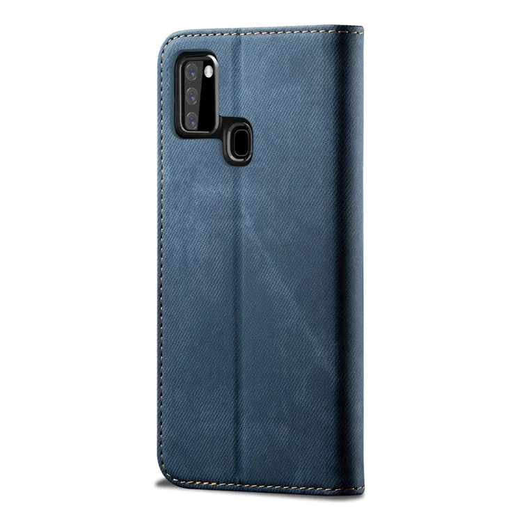 Retro Style Jeans Cloth Leather Shell for Samsung Galaxy A21s - Blue