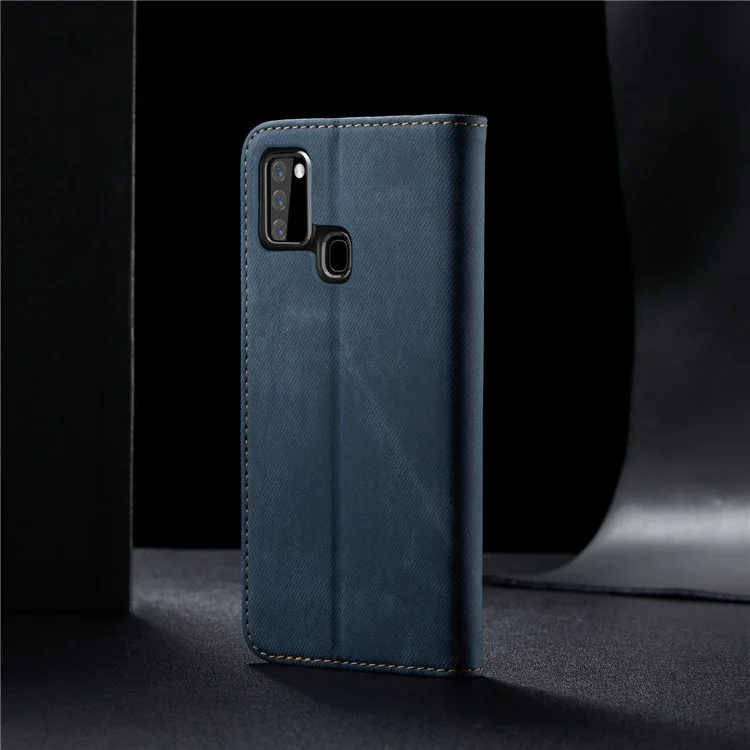 Retro Style Jeans Cloth Leather Shell for Samsung Galaxy A21s - Blue