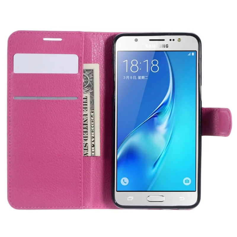 Funda protectora de cuero con textura de litchi para Samsung Galaxy J5 (2016) J510 con soporte ajustable - Rosa