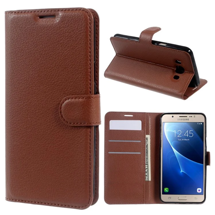 Litchi Grain Wallet Stand Case for Samsung Galaxy J7 (2016) - Brown