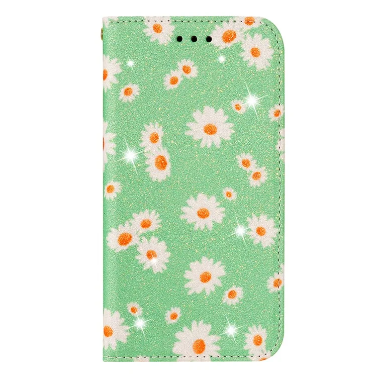Daisy Pattern Flash Powder Phone Case Card Holder Leather Shell for Samsung Galaxy A51 SM-A515/M40S - Green