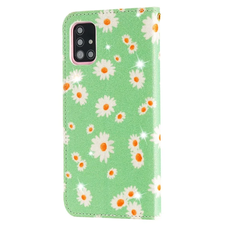 Daisy Pattern Flash Powder Phone Case Card Holder Leather Shell for Samsung Galaxy A51 SM-A515/M40S - Green