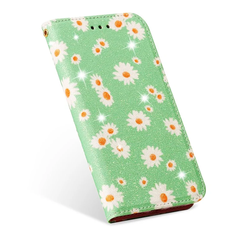 Daisy Pattern Flash Powder Phone Case Card Holder Leather Shell for Samsung Galaxy A51 SM-A515/M40S - Green