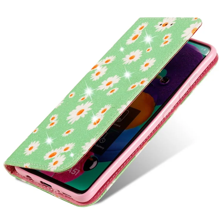Daisy Pattern Flash Powder Phone Case Card Holder Leather Shell for Samsung Galaxy A51 SM-A515/M40S - Green