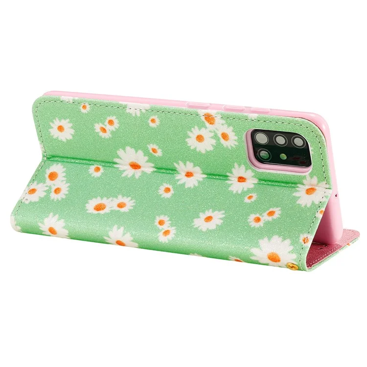 Daisy Pattern Flash Powder Phone Case Card Holder Leather Shell for Samsung Galaxy A51 SM-A515/M40S - Green