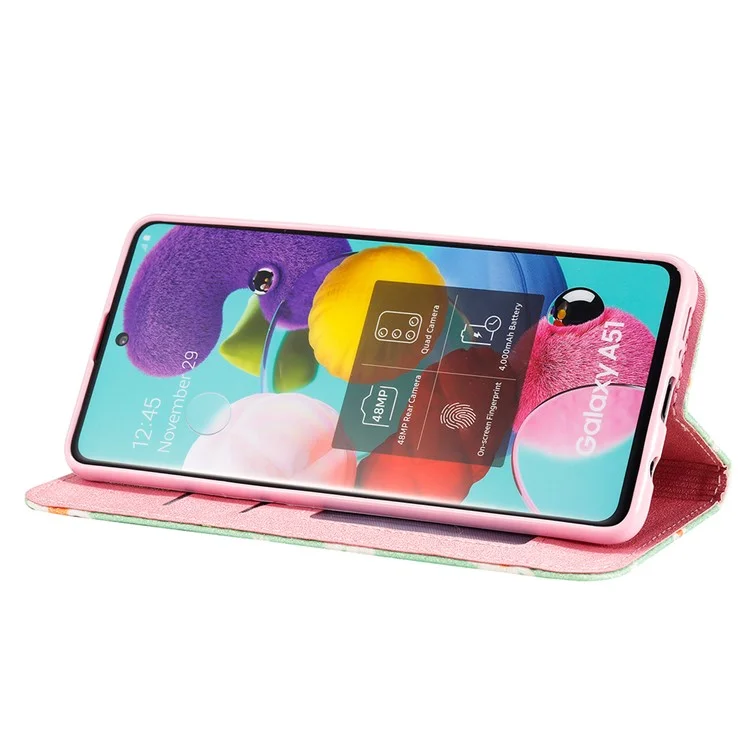 Daisy Pattern Flash Powder Phone Case Card Holder Leather Shell for Samsung Galaxy A51 SM-A515/M40S - Green