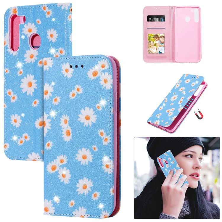 Case de Cuero de Polvo Flash de Tapa de Estilo Daisy Para Samsung Galaxy A21 - Azul