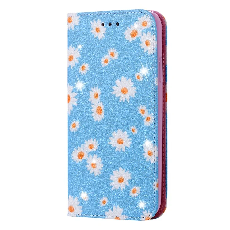 Case de Cuero de Polvo Flash de Tapa de Estilo Daisy Para Samsung Galaxy A21 - Azul