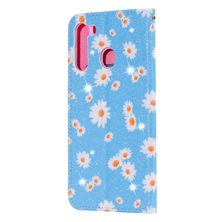 Case de Cuero de Polvo Flash de Tapa de Estilo Daisy Para Samsung Galaxy A21 - Azul