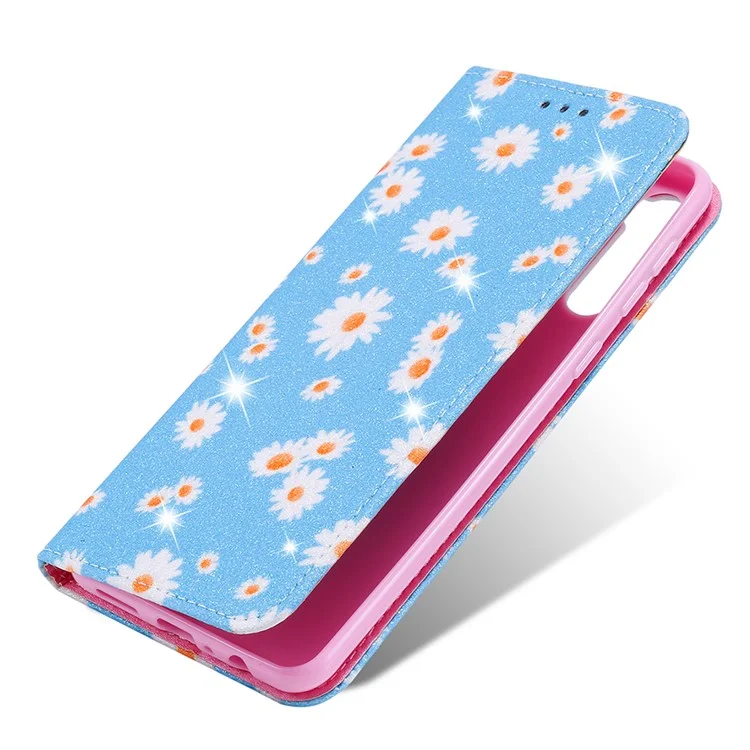 Case de Cuero de Polvo Flash de Tapa de Estilo Daisy Para Samsung Galaxy A21 - Azul