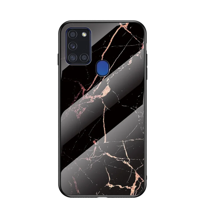 Marble Texture Tempered Glass + PC + TPU Hybrid Case for Samsung Galaxy A21s - Black / Gold