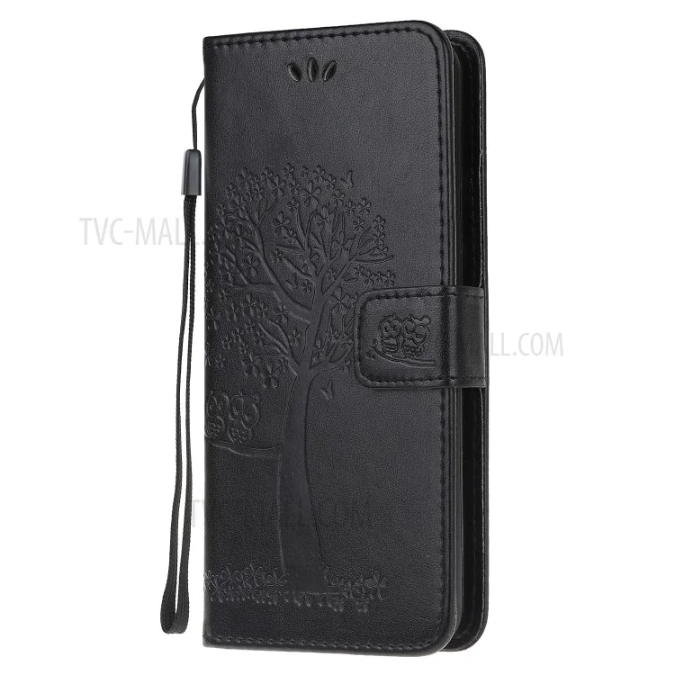 Imprint Tree Owl PU Leather Wallet Stand Protective Cover for Samsung Galaxy Note 20/Note 20 5G - Black