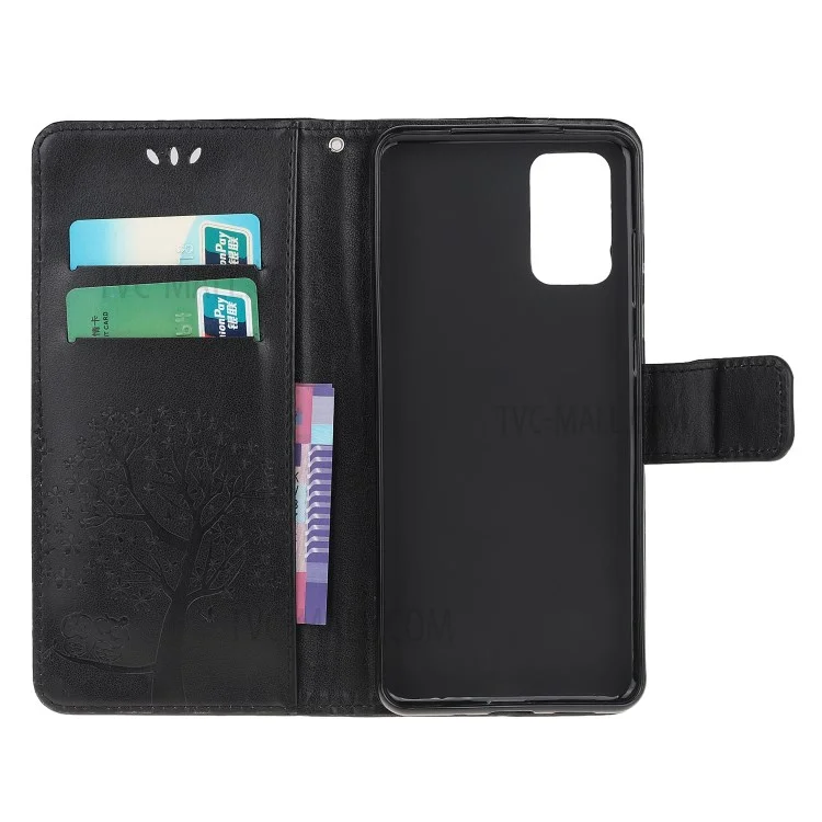 Imprint Tree Owl PU Leather Wallet Stand Protective Cover for Samsung Galaxy Note 20/Note 20 5G - Black