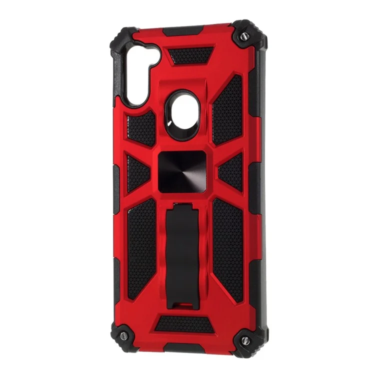 Kickstand Armor Dropproof Shell PC TPU Hybrid Case Avec Feuille de Métaux Magnétiques Pour Samsung Galaxy A11 (version Ue) / M11 - Rouge