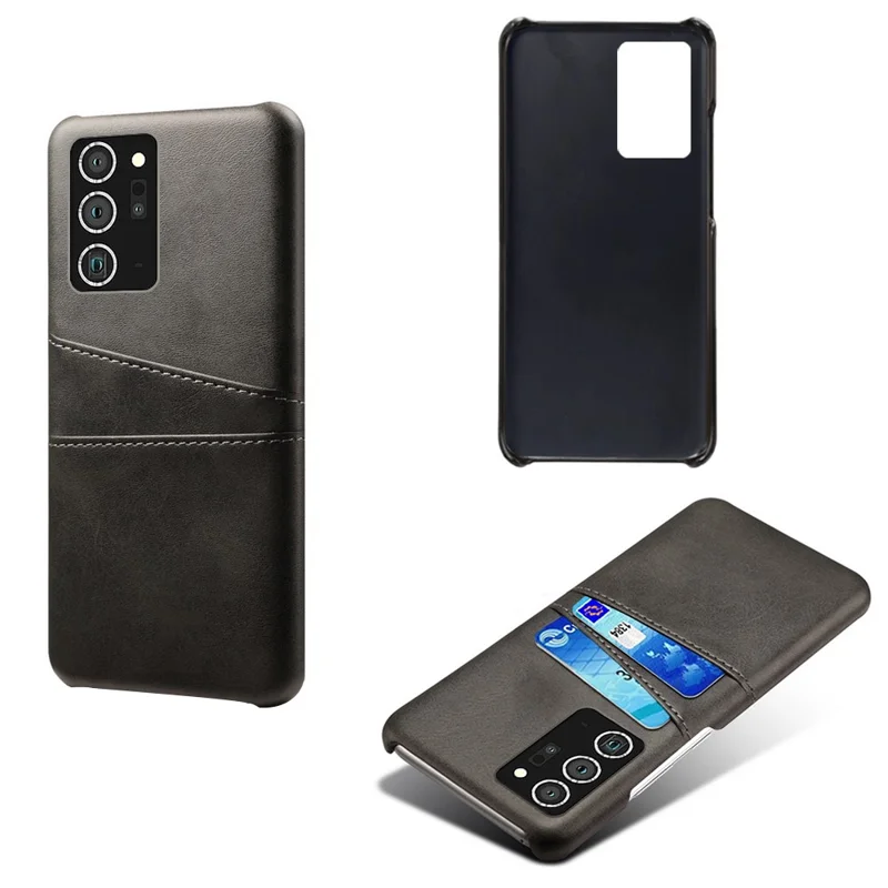 Hard Cover Double Card Slots PU Leather Coated Plastic Phone Shell for Samsung Galaxy Note20 Ultra/20 Ultra 5G - Black