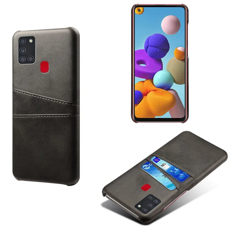 PU Leather Coated Plastic Case with Double Card Slots for Samsung Galaxy A21s - Black