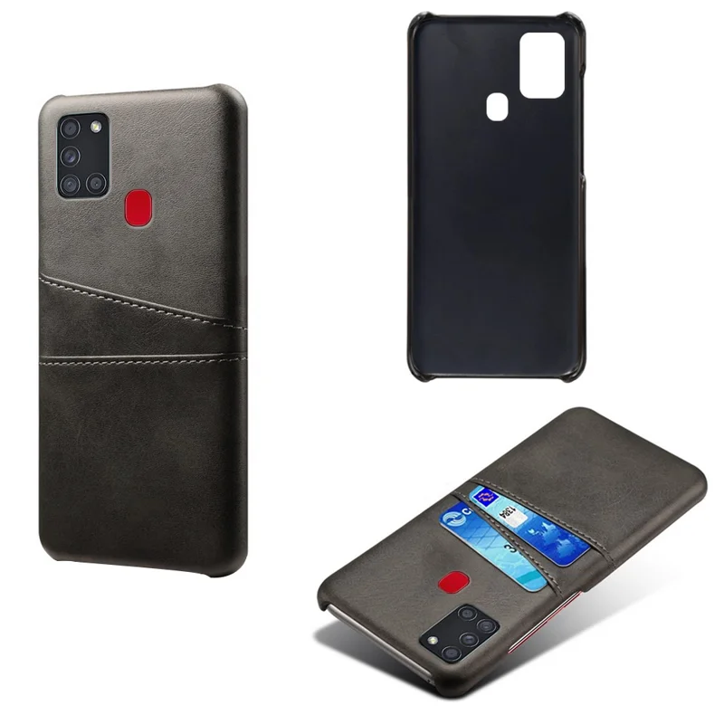 PU Leather Coated Plastic Case with Double Card Slots for Samsung Galaxy A21s - Black