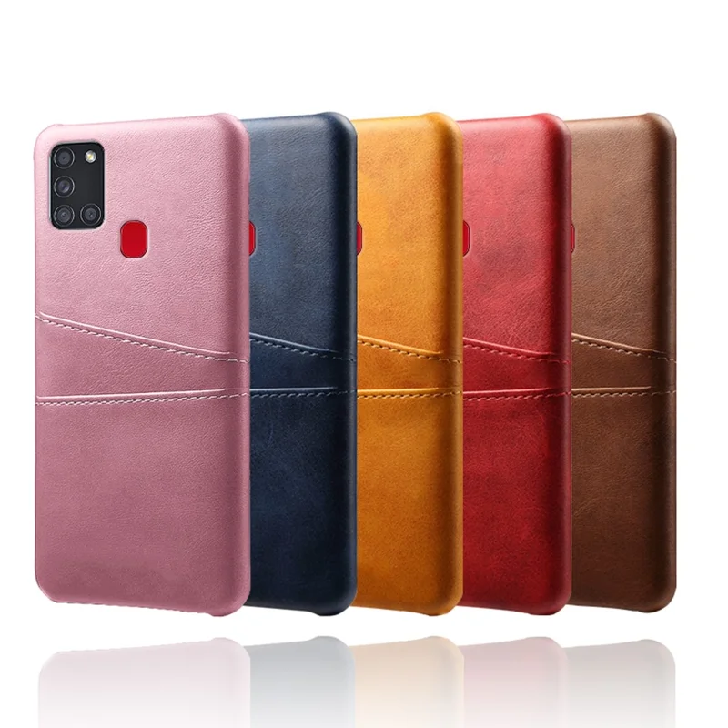 PU Leather Coated Plastic Case with Double Card Slots for Samsung Galaxy A21s - Black