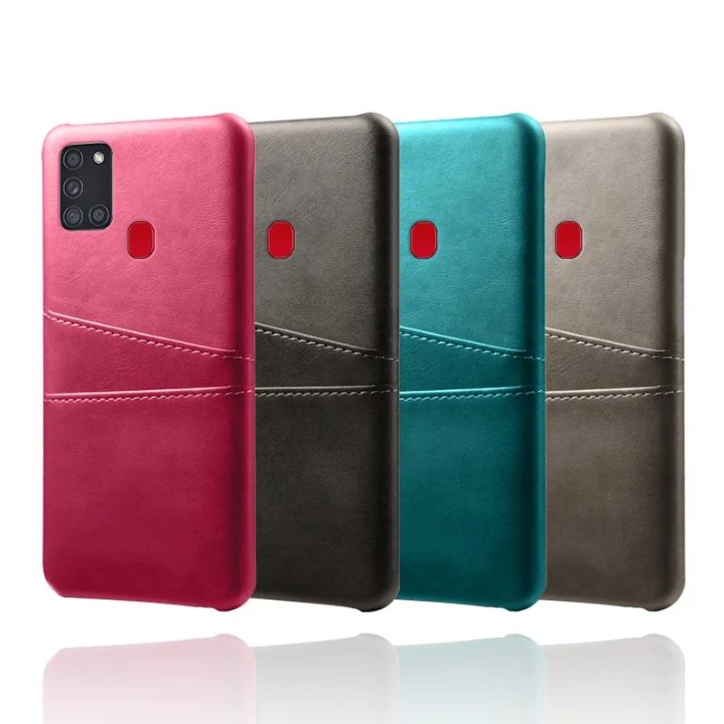 PU Leather Coated Plastic Case with Double Card Slots for Samsung Galaxy A21s - Black