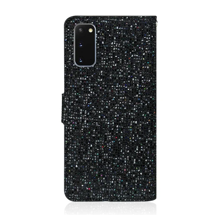 Glittery Powder Splicing Wallet Stand Leather Cover for Samsung Galaxy S20 4G/S20 5G - Black