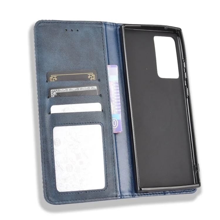 Auto-absorbed PU Leather Shell Wallet Retro Cover for Samsung Galaxy Note20 Ultra/20 Ultra 5G - Blue