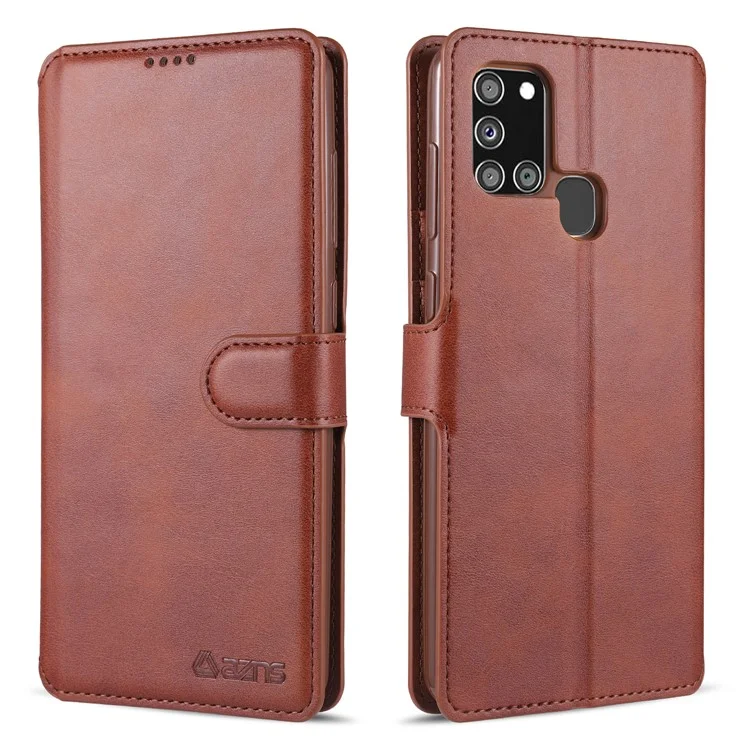 Azns Wallet Leather Case Cover Для Мобильного Телефона Для Samsung Galaxy A21s - Коричневый