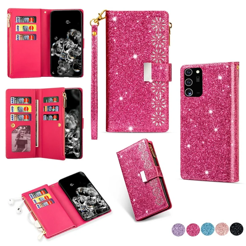 Glittery Starry Style Laser Carving Leather Shell for Samsung Galaxy Note20/Note20 5G - Rose