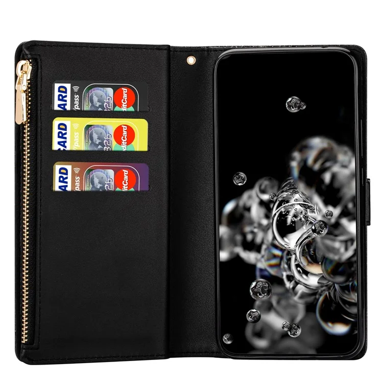 Case de Cuero Con Cremallera Láser de Estilo Estrellado Brillante Para Samsung Galaxy Note20 Ultra/Note20 Ultra 5G- Negro