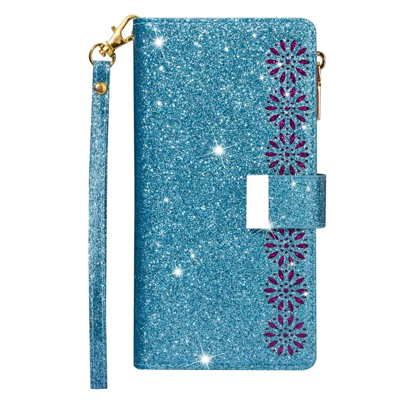 Glittery Starry Style Laser Carving Zipper Leather Case for Samsung Galaxy Note20 Ultra/Note20 Ultra 5G- Blue