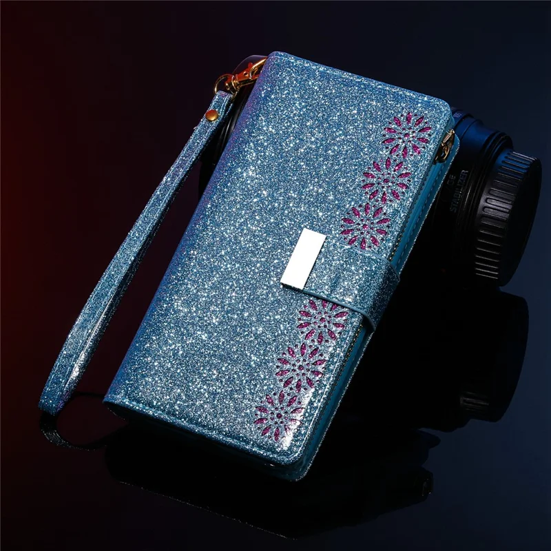 Glittery Starry Style Laser Carving Zipper Leather Case for Samsung Galaxy Note20 Ultra/Note20 Ultra 5G- Blue
