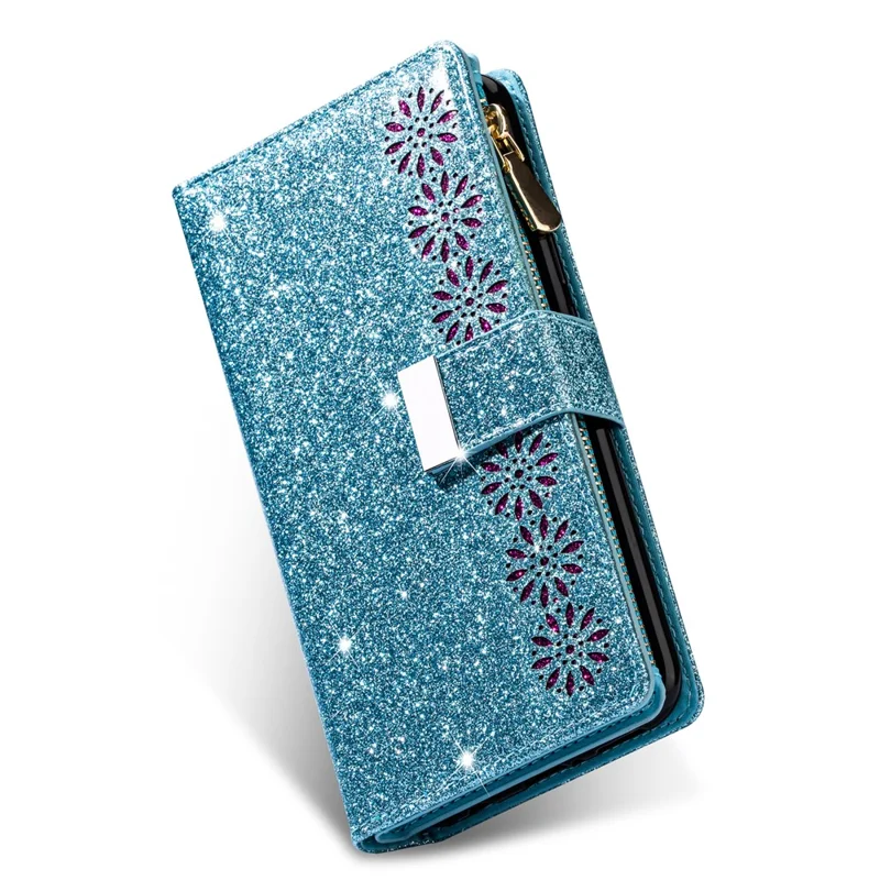Glittery Starry Style Laser Carving Zipper Leather Case for Samsung Galaxy Note20 Ultra/Note20 Ultra 5G- Blue