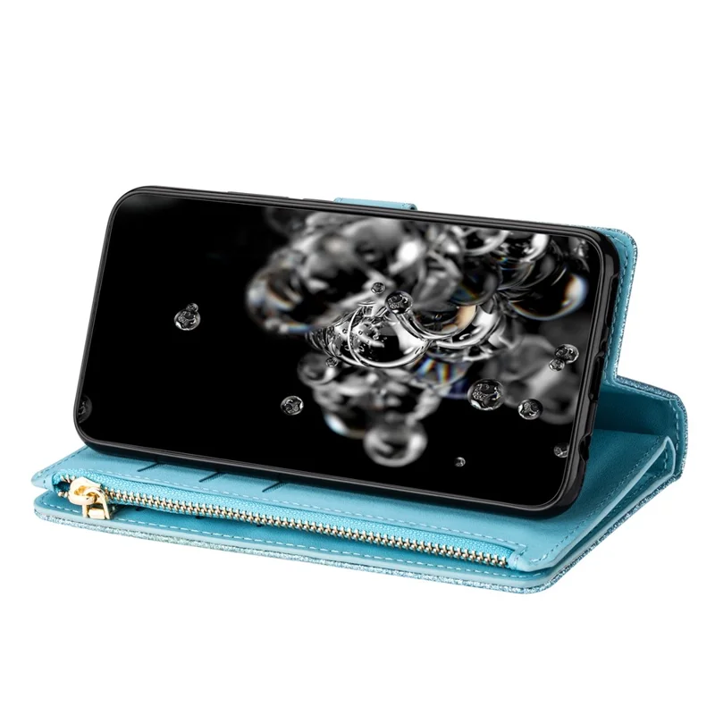 Glittery Starry Style Laser Carving Zipper Leather Case for Samsung Galaxy Note20 Ultra/Note20 Ultra 5G- Blue