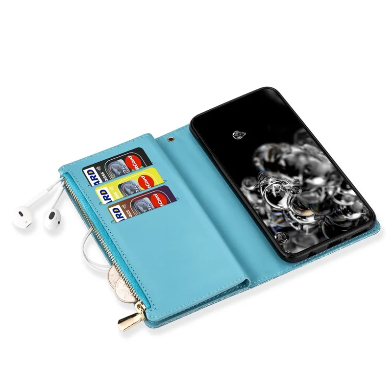 Glittery Starry Style Laser Carving Zipper Leather Case for Samsung Galaxy Note20 Ultra/Note20 Ultra 5G- Blue
