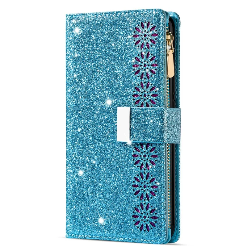 Glittery Starry Style Laser Carving Zipper Leather Case for Samsung Galaxy Note20 Ultra/Note20 Ultra 5G- Blue
