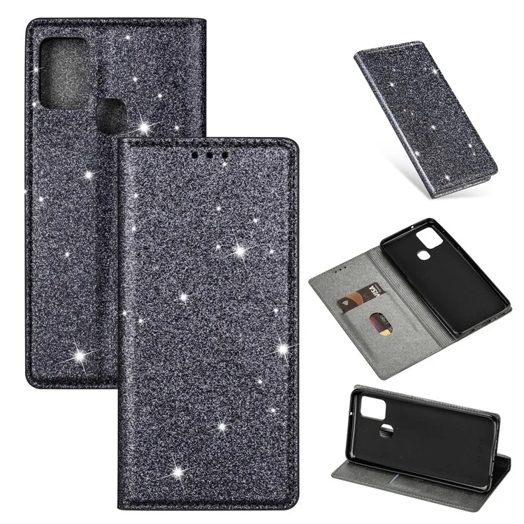 Flash Powder Stand Leather Card Holder Case for Samsung Galaxy A21s - Grey