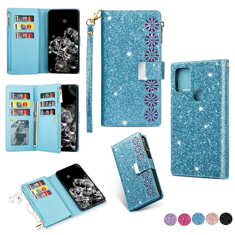 Glittery Starry Style Laser Carving Leather Cover for Samsung Galaxy A21s - Blue