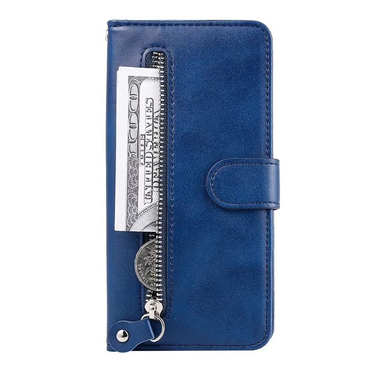 Zipper Pocket Leather Wallet Stand Case for Samsung Galaxy M21 / M30s - Blue