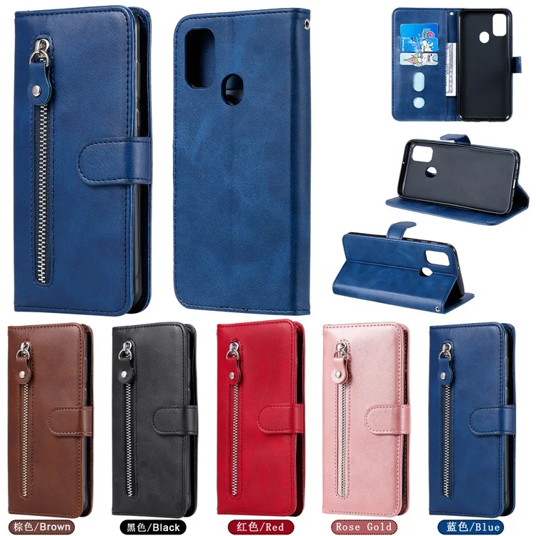 Кожаный бумажник-подставка с карманом на молнии для Samsung Galaxy M21 / M30s - синий