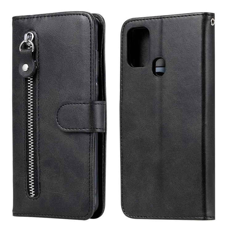 Zipper Pocket Leather Wallet Stand Case for Samsung Galaxy M31 - Black