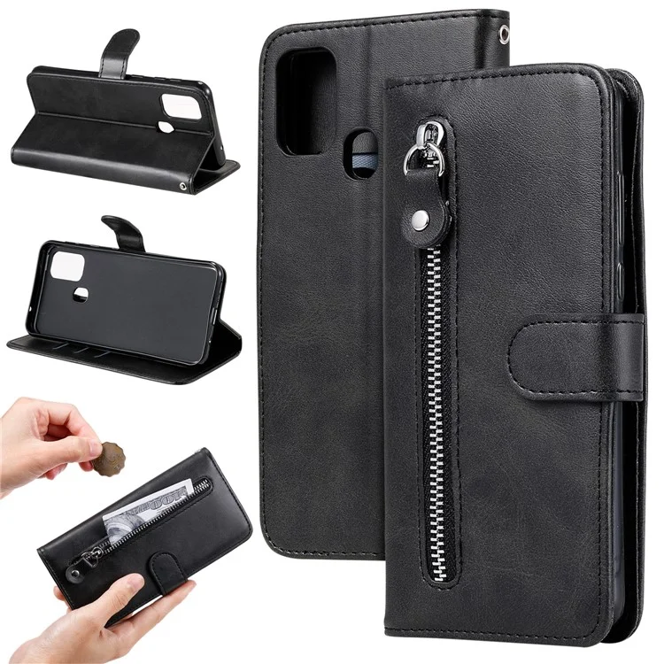 Portafoglio in pelle con cerniera e supporto per Samsung Galaxy M31 - Nero